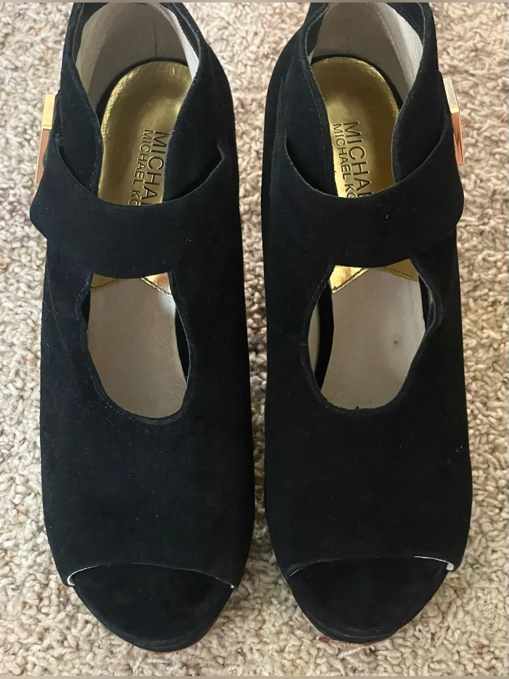 EUC Michael Kors Devenport Black Suede Peep Toe Stiletto Platform Booties 9.5